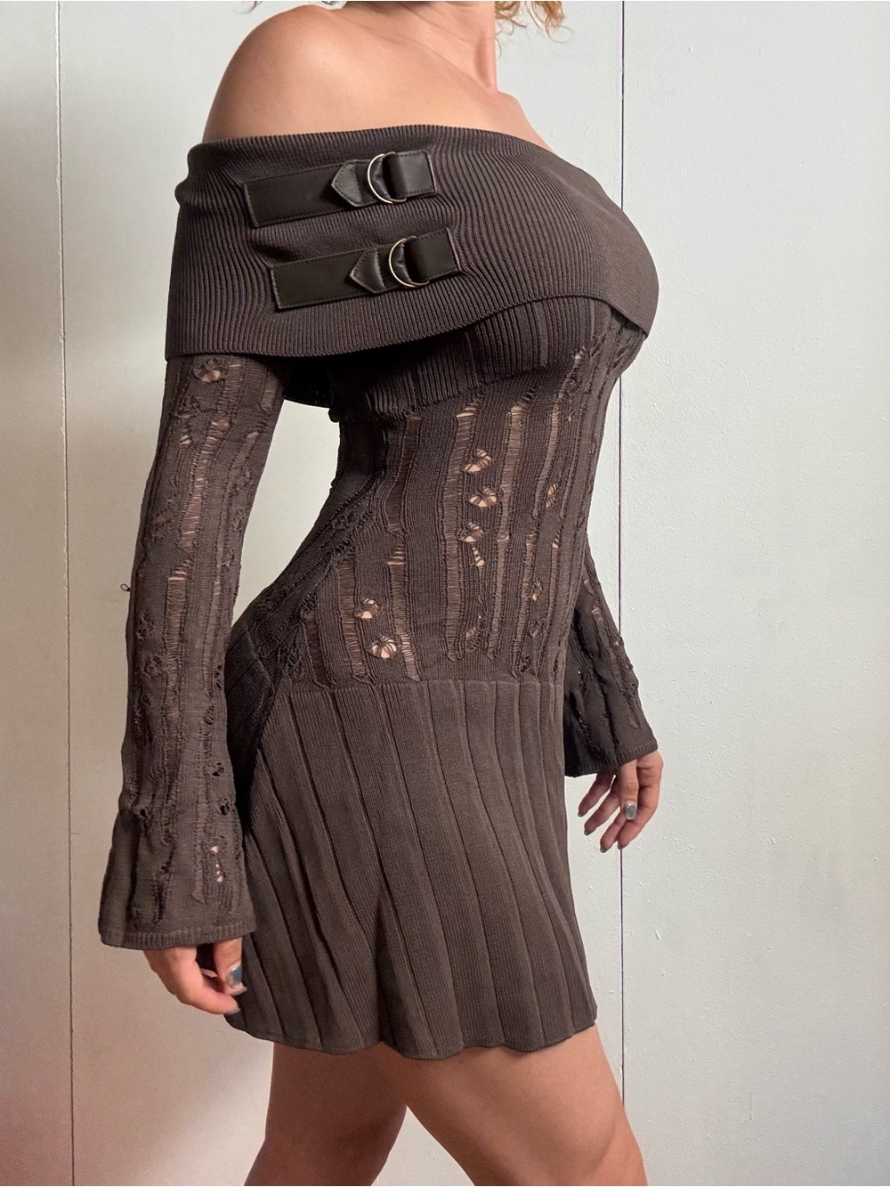 Murci Off-Shoulder Brown Knit Mini Dress